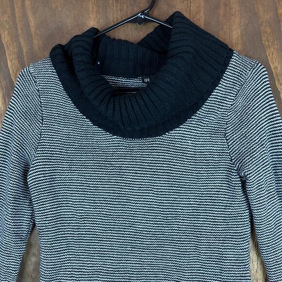 Express Womens Sweater Black White Stripe Wool Cowl Neck Asymmetrical Hem XS - Picture 2 of 13
